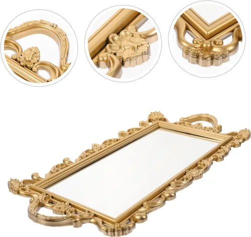 Vista 6 de OFFSCH Bandeja de espejo en relieve, bandeja decorativa retro, decoración dorada, accesorios de fotos, paletas de maquillaje para mujeres, bandeja