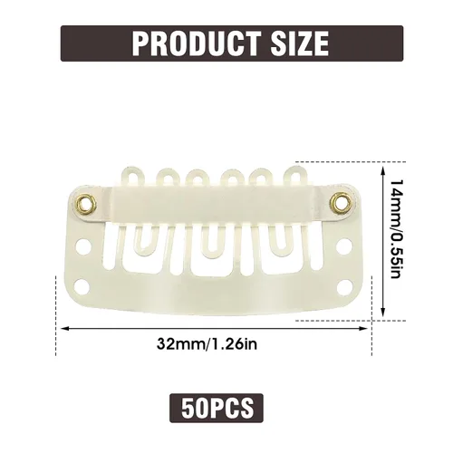Vista 2 de Yolev 50 pinzas de extensión de cabello, pinzas de metal para peluca de 6 dientes, clips en forma de U para extensiones de peluca pequeña Beige