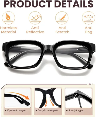 Vista 5 de Hubeye Large Reading Glasses for Women Men Fashion Square Frame Anti-Blue Light Glasses Reading Aid (Black+Blue, 1.00)