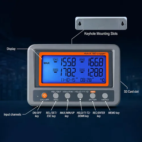 Vista 8 de Registrador de datos de termopar de 4 canales -328 ~ 2498 ° F, registrador de datos de temperatura con tarjeta SD de 8 GB, registro automático