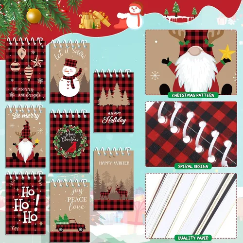 Vista 3 de Funrous 24 Piezas Mini Blocs de Notas en Espiral de Navidad, Tema Navideño de Cuadros Búfalo, Mini Bloc de Notas Pequeño con Patrón de Muñeco
