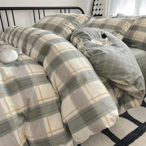 Vista 44 de VM VOUGEMARKET - Juego de funda de edredón a cuadros de tamaño individual XL, ropa de cama de color verde, gris y naranja, algodón lavado, con 2