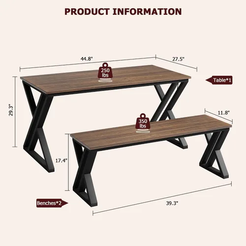 Vista 2 de Gaoman - Juego de mesa de comedor para 4, juego de mesa de comedor con 2 bancos, juego de mesa rectangular de cocina con marco de metal resistente