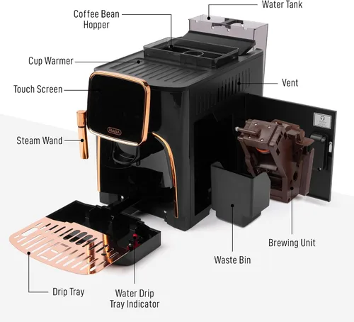 Vista 8 de Zulay Kitchen Magia - Máquina automática de café expreso, clásica, cobre negro, cafetera súper automática con molinillo integrado, varita de vapor