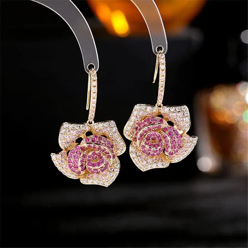 Vista 5 de Huggie CZ Flower Dangle Stud Earrings for Women Girls with Charms Fashion Luxury Pave Rhinestone Filigree Camellia Rose Dainty Crystal Drop Dangling