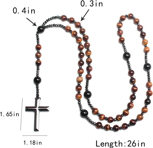 Vista 7 de Yumikoo Collar de cuentas de rosario de crucifijo de Jesús para hombres y mujeres, collar de cruz de hematita y ágata negra mate