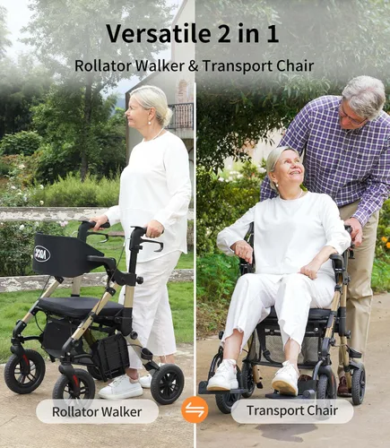 Vista 2 de VOCIC Andadores para personas mayores, andador con ruedas con asiento, silla de ruedas transportable ligera plegable, andador rodante para adultos