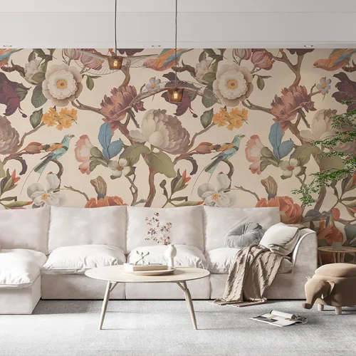 Vista 2 de Zeeko - Mural de papel pintado floral de despegar y pegar, papel pintado de flores beige para dormitorio, fondo de TV, murales de pared grandes