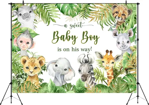 Vista 8 de Telón de fondo de 7 x 5 pies con diseño de animales de safari de la selva para baby shower, baby shower, para bebé, niño está en camino, es un niño