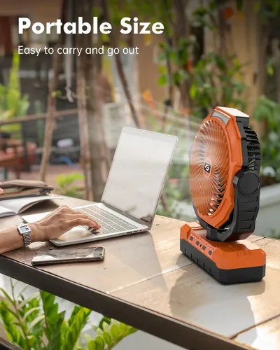 Vista 8 de Ventilador de camping 3 en 1 - Ventilador recargable con batería desmontable y gancho con luz para tienda de campaña, al aire libre - Ventilador