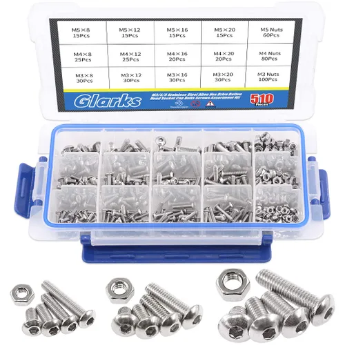 Vista 11 de Glarks Kit de surtido de 510 tornillos de acero inoxidable 304 M3 M4 M5 con cabeza hexagonal y tuercas