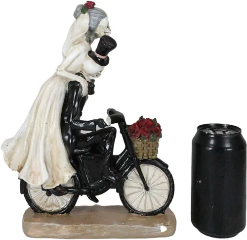 Vista 7 de Ebros Gift Día de los muertos Recién casados Recién casados Esqueletos de boda Novia y novio Pareja montar bicicleta antigua con rosas Cesta