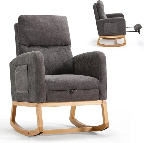 Vista 9 de AVAWING Silla mecedora tapizada con asiento acolchado de tela, cómoda balancín de madera maciza para sala de estar, silla moderna de respaldo alto