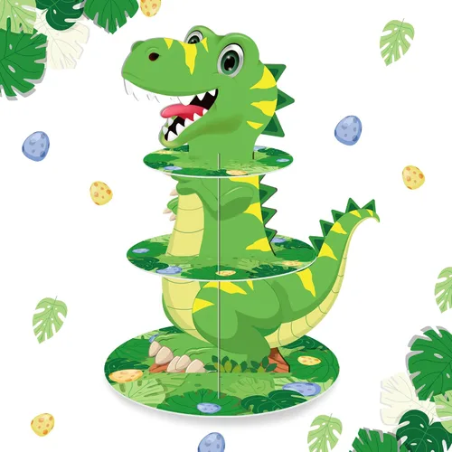 Vista 9 de Soporte de 3 niveles para cupcakes de dinosaurio, decoración de fiesta, soporte para cupcakes de dinosaurio de Anberky con forma de dinosaurio