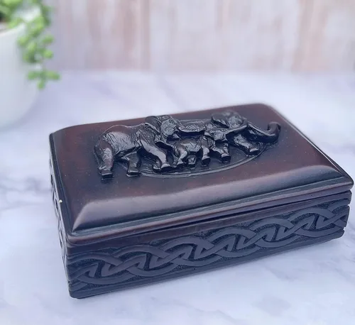 Vista 6 de Caja de abalorios de elefante con tapa para recuerdos de joyería, decoración familiar de elefantes Feng Shui, escultura de resina marrón de 6