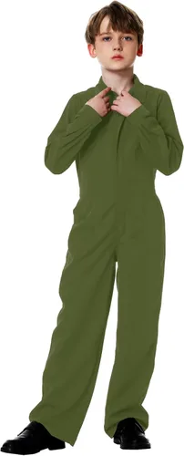 Vista 6 de AOBUTE Mono de color sólido para niños con bolsillos de 3-14 años Verde militar