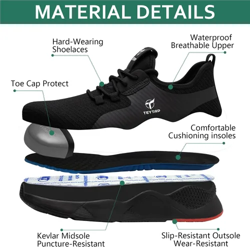 Vista 8 de TEYTAP Zapatos antideslizantes e impermeables con puntera de acero para hombres y mujeres, zapatos de seguridad para el trabajo, antideslizantes