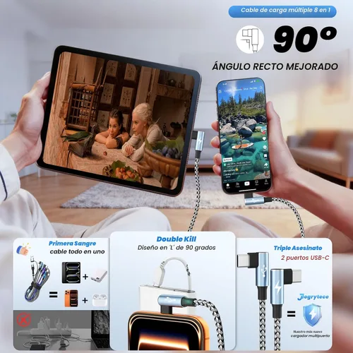 Vista 2 de Cargador de teléfono de 90 grados, cable de carga múltiple 4 en 2, cable USB C CarPlay con doble tipo C, micro USB, puerto IP, cable USBC de nailon