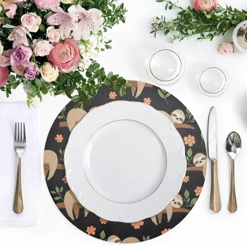 Vista 5 de Cute Sloths Black Round Placemat, Washable Heat Protecting Placemats for Kitchen one sizex1