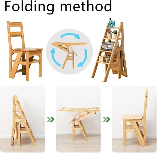 Vista 5 de Silla plegable de madera para biblioteca, 2 en 1, taburete ligero portátil multifuncional, taburete de 4 escalones de doble propósito, soporte