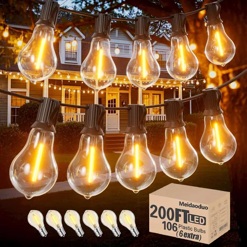 Vista 8 de 200 pies de luces de cadena LED al aire libre Edison para exteriores, impermeables, 2200K, luces de patio con 104 bombillas de plástico