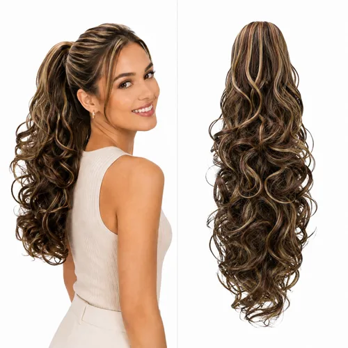 Vista 24 de CAISHA Extensiones de cola de caballo de 18 pulgadas, voluminosas, onduladas, marrón ceniza, mezcla de rubio claro PH35