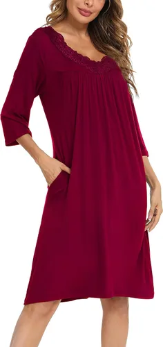 Vista 2 de YYA Nightgowns for Women 34 Sleeve Sleepwear Lace Comfy Sleep Gowns Pleated V Neck Plus Size Nightshirt S-4XL