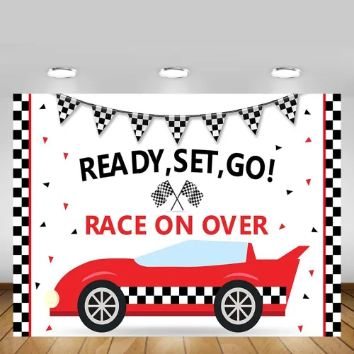 Vista 5 de MEHOFOND Telón de fondo de fiesta de cumpleaños de coche de carreras, accesorios para niños, enciende tus motores, carreras sobre negro y rojo
