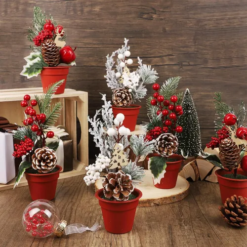 Vista 2 de winemana Mini decoraciones de mesa de árbol de Navidad, 6 piezas de árbol artificial pequeño con piñas y bayas rojas, centro de mesa navideño