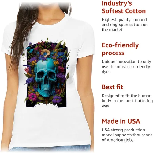 Vista 5 de Camiseta de corte ajustado con estampado de flores - Camiseta de calavera para mujer - Camiseta de ajuste delgado