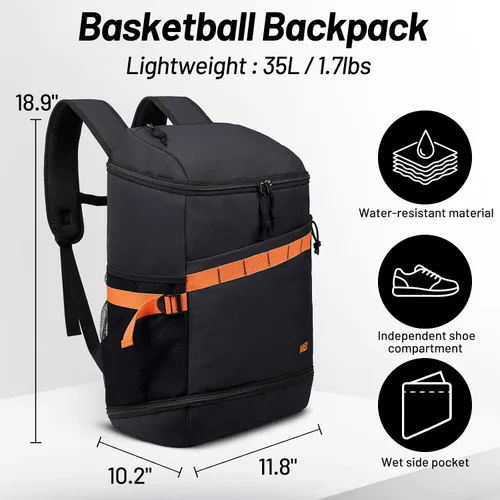 Vista 2 de MIER Mochila de baloncesto con compartimento para zapatos y portabalones. Gran mochila para equipo deportivo, para hombres y mujeres, para gimnasio