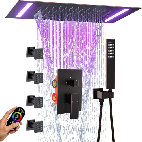 Vista 11 de ENGA Sistema de ducha dorado brillante con chorros corporales, 2 en 1 funciones de montaje en techo, cabezal de ducha LED de 14 x 20 pulgadas con 4