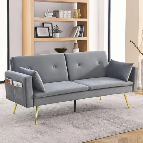Vista 17 de HMFULE Sofá cama convertible con patas de madera maciza, tela de lino, moderno sofá futón tapizado ajustable para espacio de vida compacto, azul