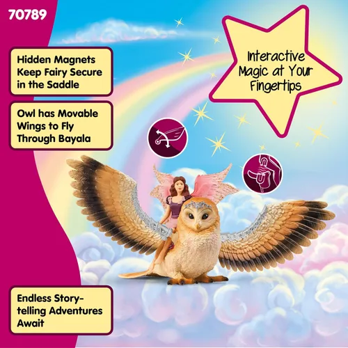 Vista 4 de schleich Bayala - Figura de hada en vuelo con búho glamoroso, juguete de hadas y pájaro mágico con alas móviles, juego de juguetes de fantasía