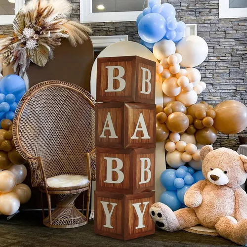 Vista 4 de Cajas de exhibición para baby shower con impresión de veta de madera para decoraciones de fiesta, telón de fondo neutro para fiesta de revelación