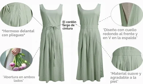 Vista 4 de Delantal plisado vintage para mujeres y niñas, cuello en V, para jardinería, de algodón, vestido de pinafore Verde
