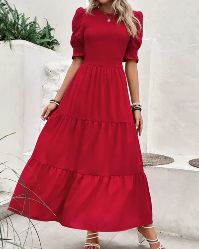 Vista 3 de BTFBM Vestidos para mujer, cuello redondo, casual, de verano, con volantes, manga corta, bohemio, con niveles, fruncido, largo, con estampado floral