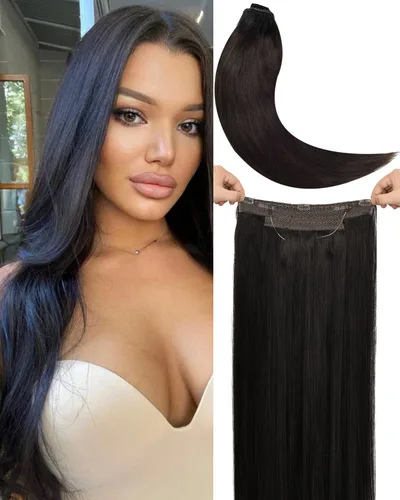 Vista 8 de Extensiones de cabello humano con alambre invisible, 16 pulgadas, 3.43 onzas, extensiones de cabello lacio natural con hilo transparente