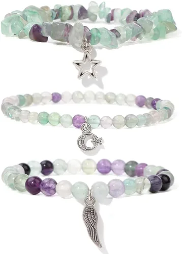 Vista 18 de Juego de 3 pulseras de cuentas de piedra natural para mujeres y hombres, estrellas y luna, alas de ángel, juego de pulseras curativas de reiki