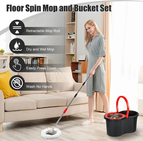 Vista 4 de Sistema de trapeador giratorio y cubo, cabezal giratorio de 360°, mango ajustable, cubo de 20 cuartos con limpieza automática, 3 cabezales