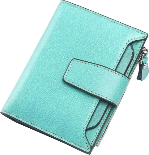 Vista 22 de Lavemi Pequeña cartera compacta para mujer, con bloqueo RFID, de piel auténtica, plegable, con ventanas de identificación