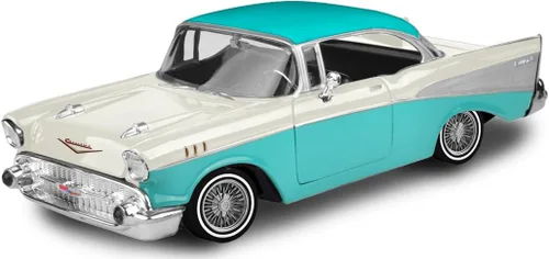 Vista 3 de 1957 Chevy Bel Air Lowrider Turquesa Metálico y Blanco Get Low Series 1/24 Modelo de auto fundido a presión por Motormax 79029