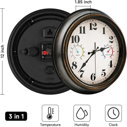 Vista 3 de Reloj de pared para exteriores de 12 pulgadas con termómetro e higrómetro, impermeable, silencioso, sin tictac, funciona con pilas, reloj redondo