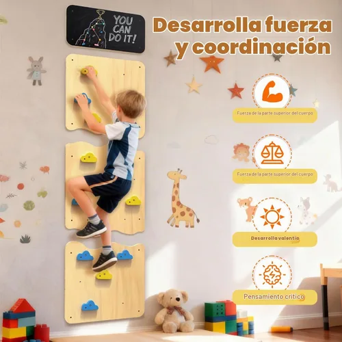 Vista 2 de Pared de escalada de madera para niños, paneles de pared de escalada interior con 12 soportes de roca, juguete de escalada Montessori para sala