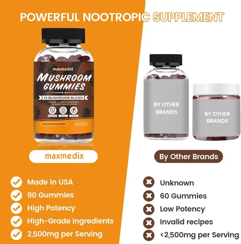 Vista 2 de maxmedix Gomitas de hongos - Suplemento de hongos 10 veces con Ashwagandha y melena de león, refuerzo del cerebro, apoyo inmunológico, energía