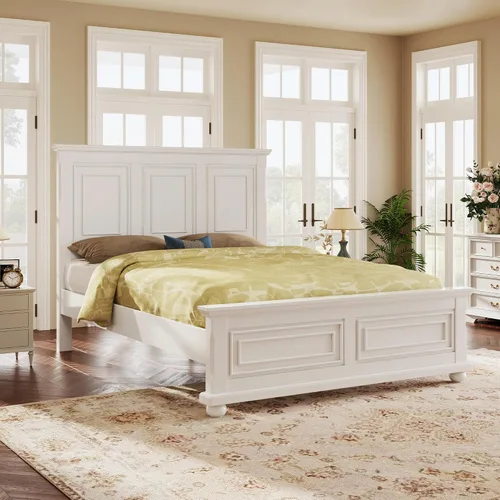 Vista 7 de Harper & Bright Designs Cama de plataforma tamaño King con cabecero y estribo, base de cama King de madera de goma con listones resistentes