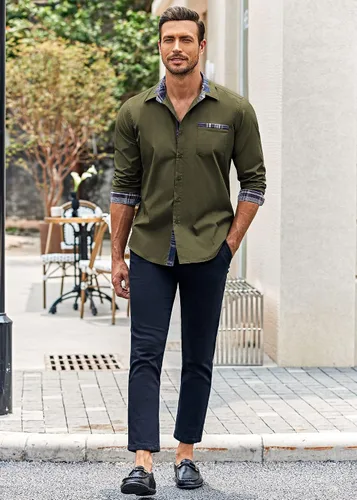 Vista 3 de COOFANDY - Camisa de vestir de algodón con mangas largas, botones y cuello a cuadros, de estilo casual, para hombres