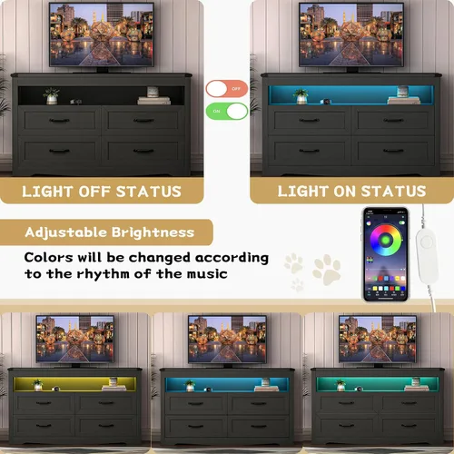 Vista 5 de Cómoda negra para dormitorio con 4 cajones, cómoda negra y cómoda, cajones de almacenamiento anchos de madera moderna con luces LED para armario