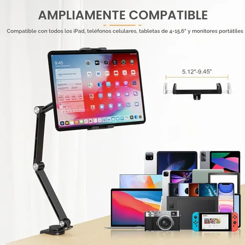 Vista 2 de Houele Soporte para Tableta, Brazo Plegable Ajustable para Tableta iPad Soporte de Escritorio con Base Giratoria de 360°, Soporte para Teléfono