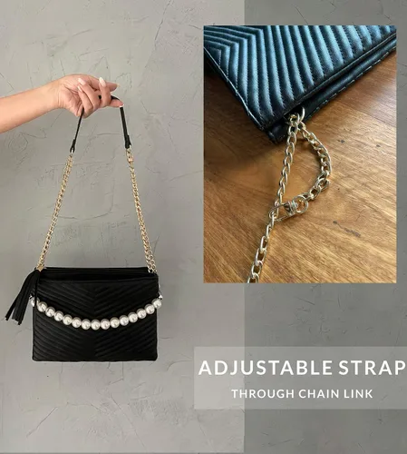 Vista 6 de Before Ever Bolsos de mano de pulsera de doble bolsa para mujer bolso de mano grande de noche con cruzado de perlas blancas